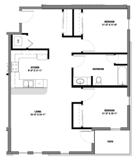 Floor plan for 2 beds, 1 bath, 1015 sqft